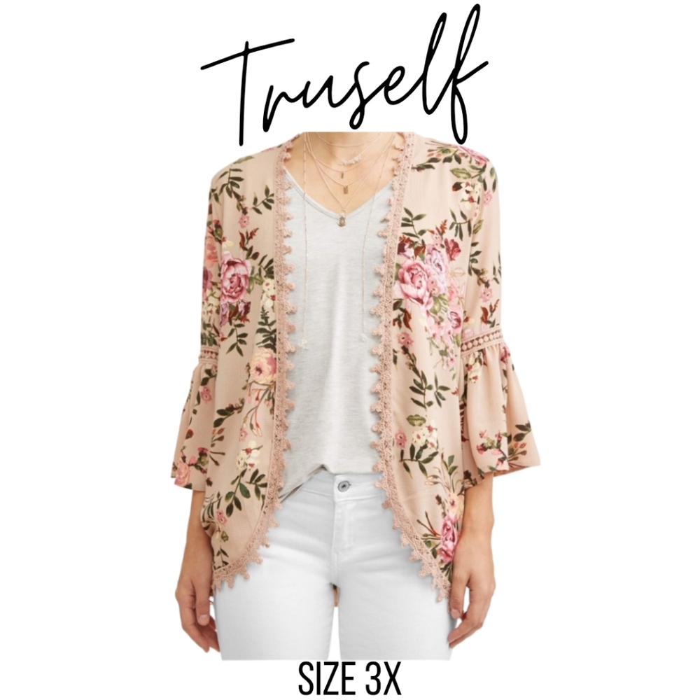 Truself Floral Bell Sleeve Plus Size Kimono